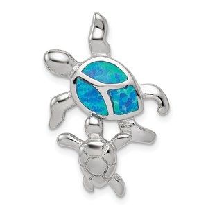 925 Sterling Silver Blue Inlay Created Opal Turtle Necklace Charm Pendant